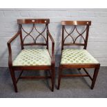 A set of ten George III style tulipwood banded mahogany lattice back dining chairs,