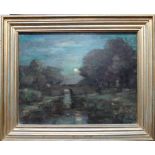 British School (20th century), Moonlit river landscape with bridge, oil on canvas, 42cm x 55cm.