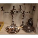 A group of plated wares, comprising; a pair of three light table candelabra (four sconces lacking),