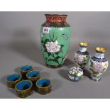 A pair of 20th century white cloisonne baluster vases, 13cm high with a matching lidded box,