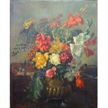 Continental School (early 20th century), Still life of summer flowers in a brass bowl,