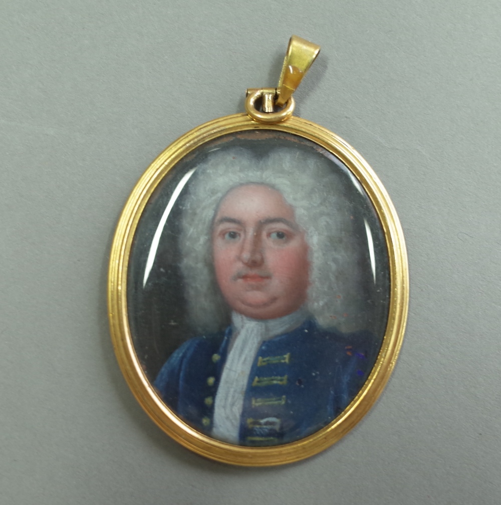 An 18th century school portrait miniature on copper of a gentleman,
