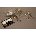 Silver and silver mounted wares, comprising; a late Victorian shaped oval bonbon dish,