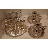 Plated wares, comprising; a six cup egg cruet stand, with a loop shpaed handle,