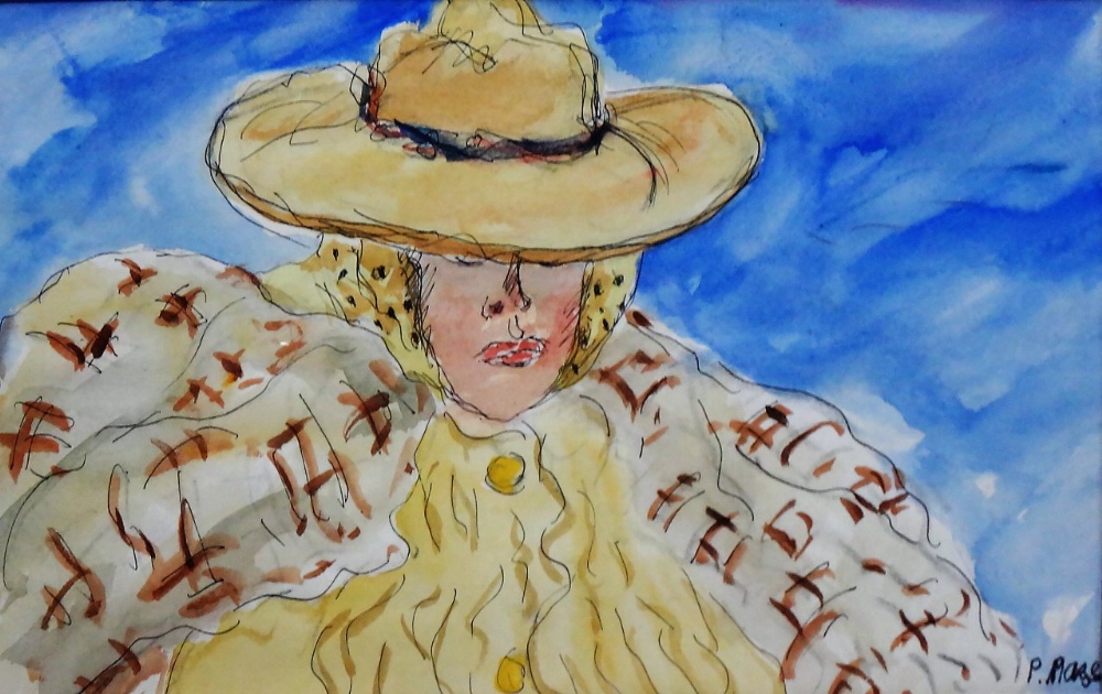 Paul Maze (1887-1979), Jessie in hat and cape, watercolour, pen and ink, signed, 17cm x 28cm.