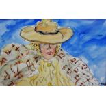 Paul Maze (1887-1979), Jessie in hat and cape, watercolour, pen and ink, signed, 17cm x 28cm.