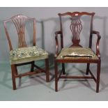 A George III mahogany armchair and a single chair, (2).