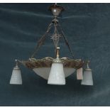 A Muller Fres Luneville gilt metal and frosted glass Art Deco chandelier, circa 1930,