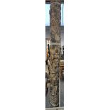 Two South Sea Islands hardwood totem poles, relief carved with figures, animal heads and masks,
