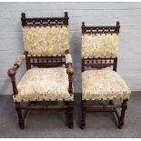 A set of six 19th century French oak dining chairs on turned and fluted supports,