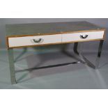 A 20th century simulated rosewood two drawer desk on a chrome 'H' frame base,
