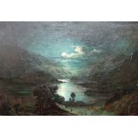 C** R**, in the manner of Samuel Pether, Moonlit river scene, oil on canvas, indistinctly signed,