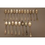 A silver fiddle pattern tablespoon, London 1827, eighteen foreign spoons and one plated spoon, (20).