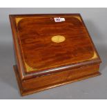 An Edwardian inlaid mahogany slope front stationary box with fitted interior, 36cm wide x 25cm high.