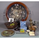 Asian collectables, including; Chinese tapestry inset in a circular wooden tray,