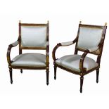 A set of four Louis XVI style hardwood and parcel gilt armchairs, 58cm wide x 103cm high, (4).