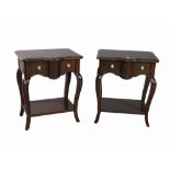 A pair of hardwood serpentine single drawer bedside tables, on cabriole supports,