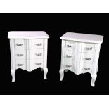 A pair of white lacquer serpentine three drawer bedside chests on cabriole supports,