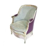 A Louis XVI style silver painted tub chair with grey suede and faux purple leather upholstery,