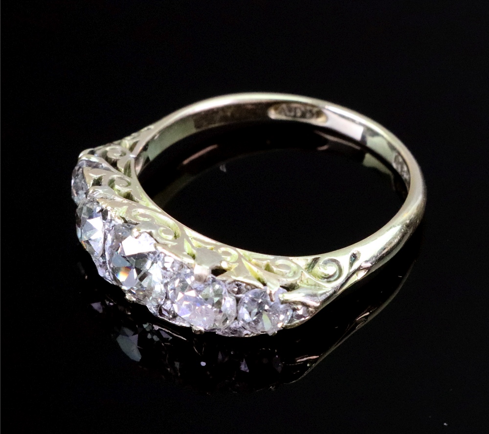 A late Victorian gold and diamond five stone carved half-hoop ring with rose diamond points, - Image 3 of 3