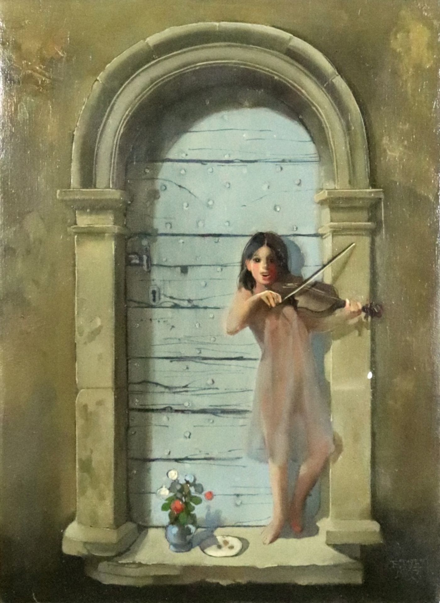 Richard Ewen (American, 1928-2009) A girl playing a violin in front of a door, - Image 3 of 4