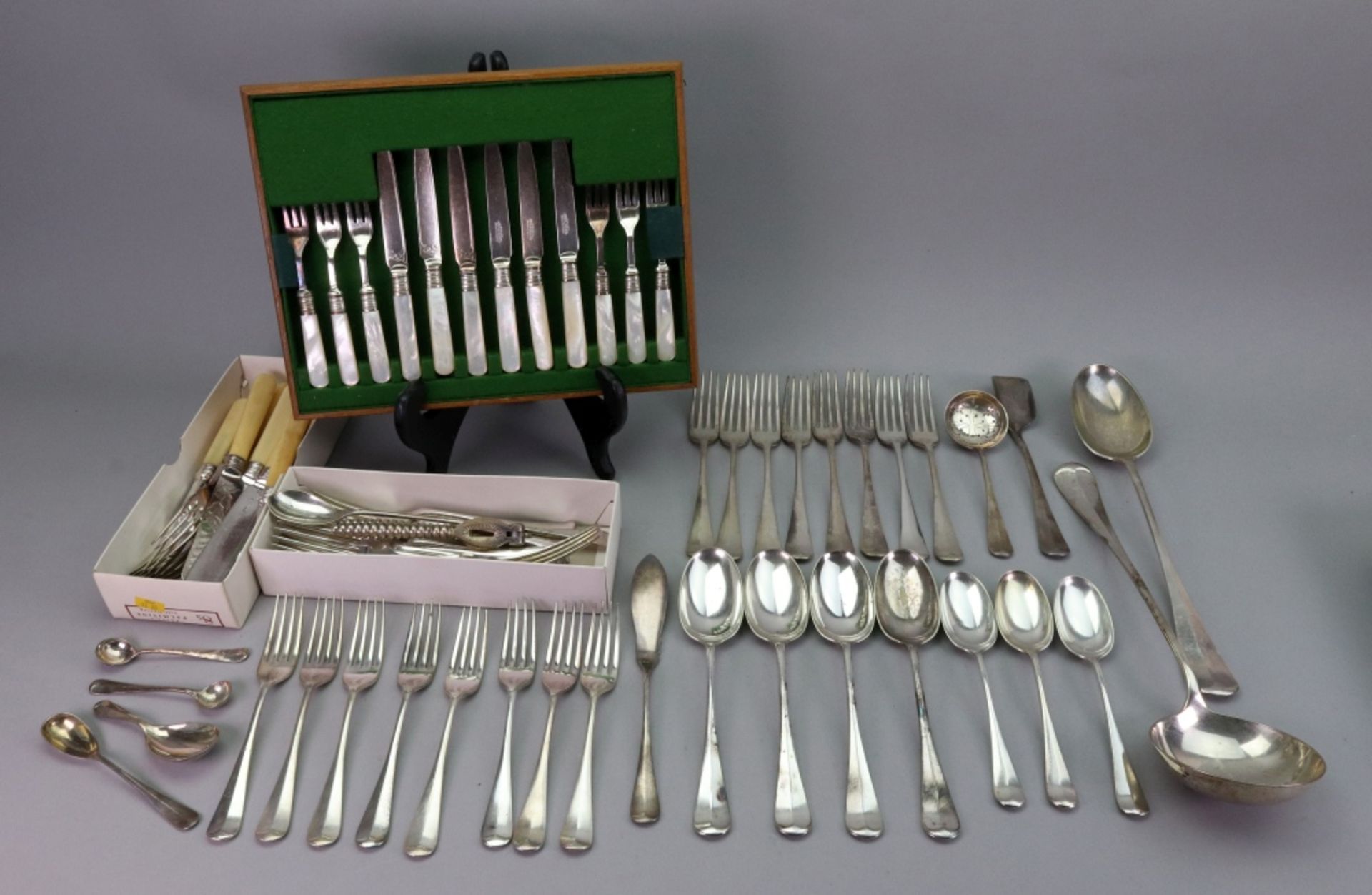 A part canteen of electroplate Hanoverian rat tail pattern flatware, including a soup ladle, - Image 2 of 4
