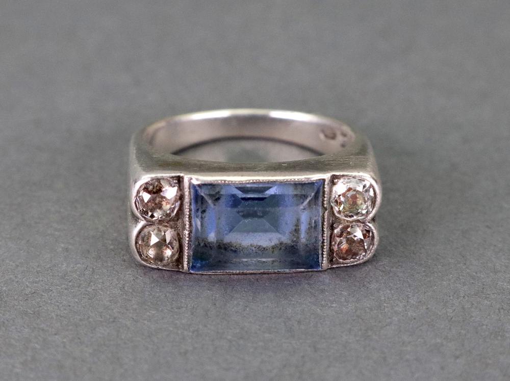 A white gold, blue topaz and diamond ring, the rectangular step cut topaz in millegrain setting, - Image 3 of 3