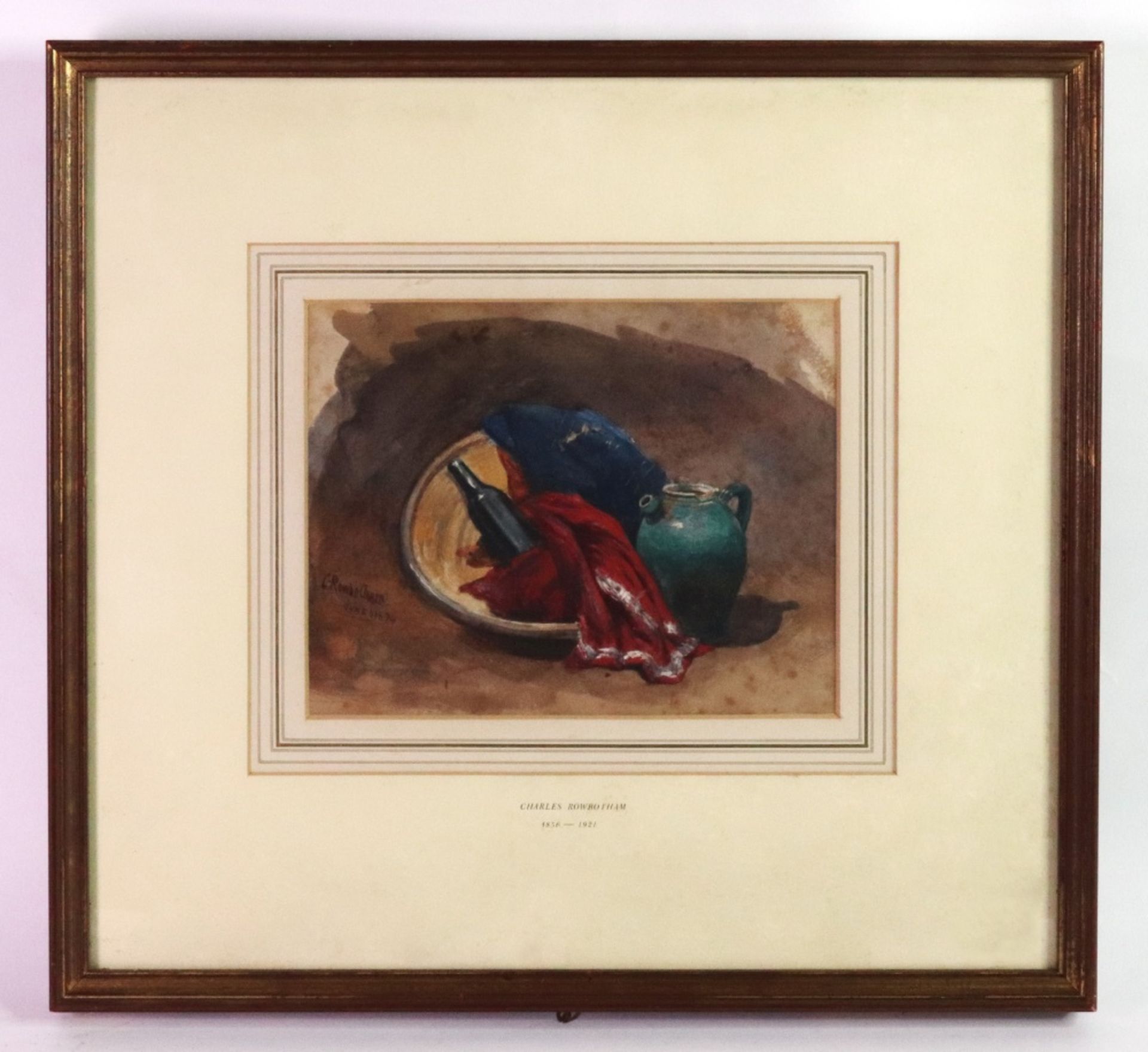 Charles Rowbotham (British, 1856-1921), Still life of a jug, bottle, shawls and a bowl, - Image 4 of 4