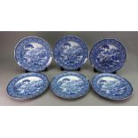 A set of six English blue and white earthenware dinner plates, early 19th century,