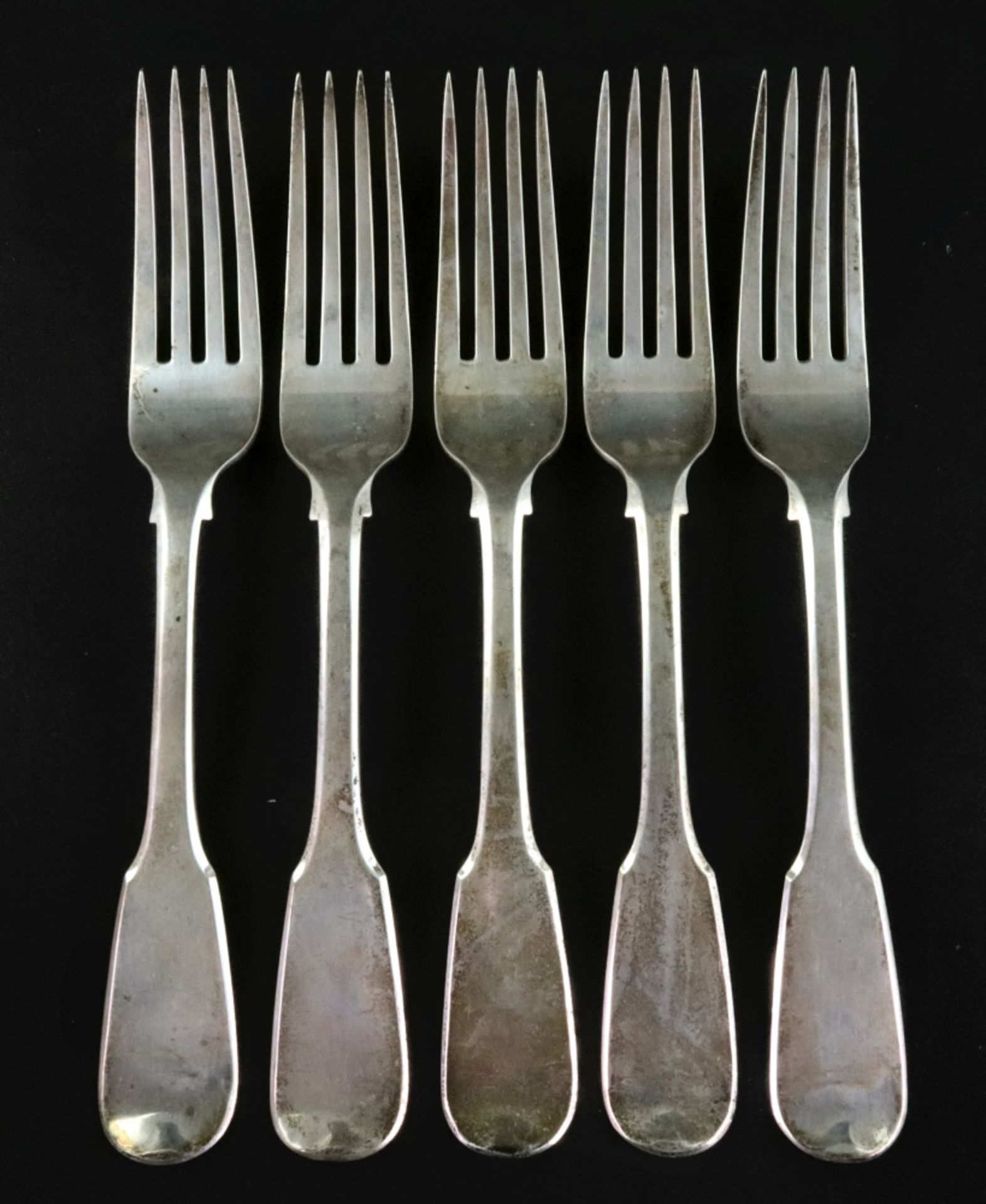A set of five Victorian silver fiddle pattern table forks, Samuel Hayne & Dudley Cater, London 1840,