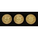 Switzerland, three gold 20-Francs, 1918, 1922, 1922,