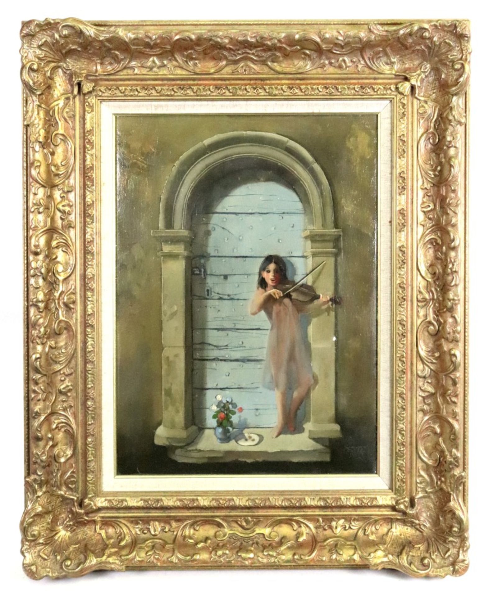 Richard Ewen (American, 1928-2009) A girl playing a violin in front of a door, - Image 2 of 4