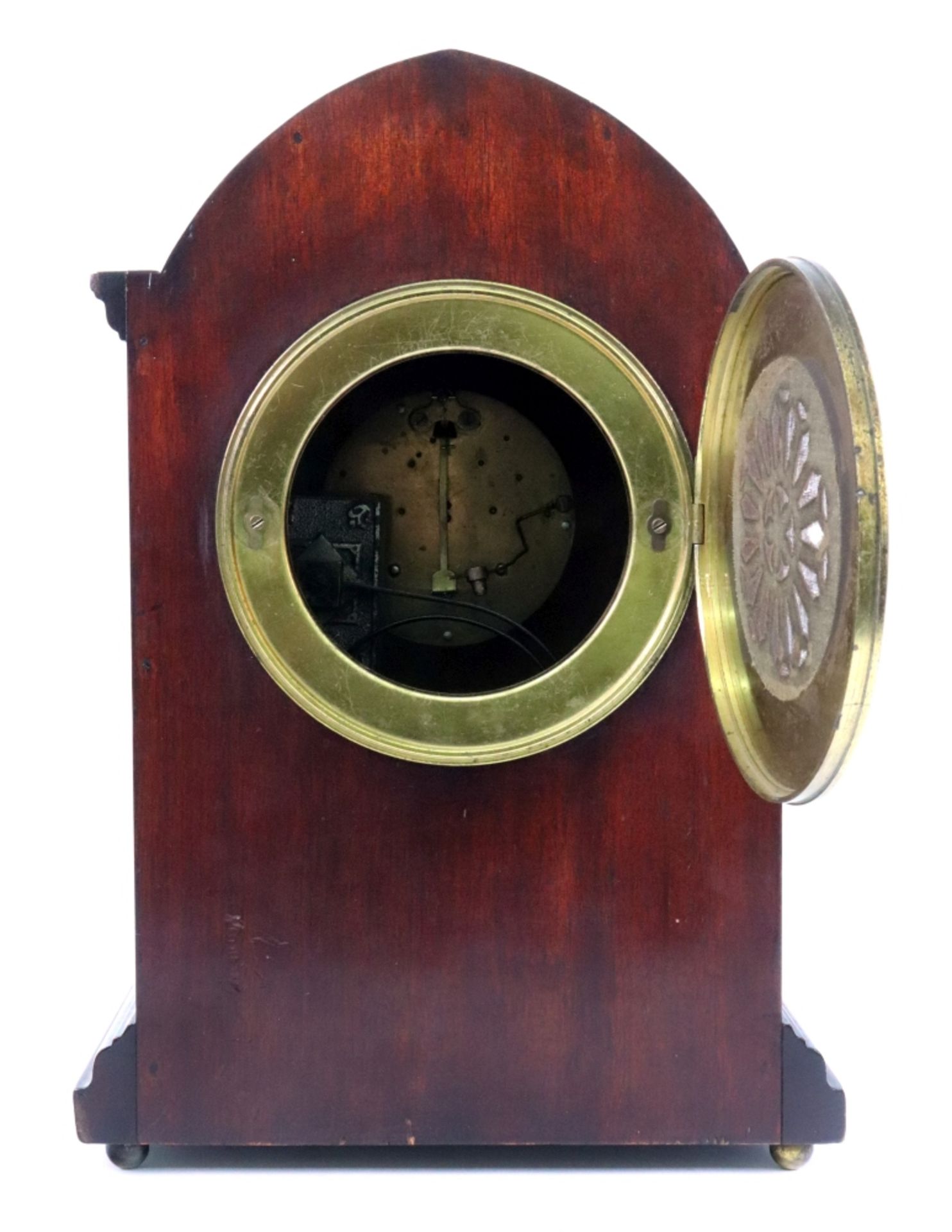 An Edwardian mahogany boxwood strung 'Sheraton Revival' mantel clock, with arched top case, - Image 3 of 3