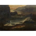 A Roland Knight (British, active 1879-1921), Still life of fish by a lake shore, and a companion,