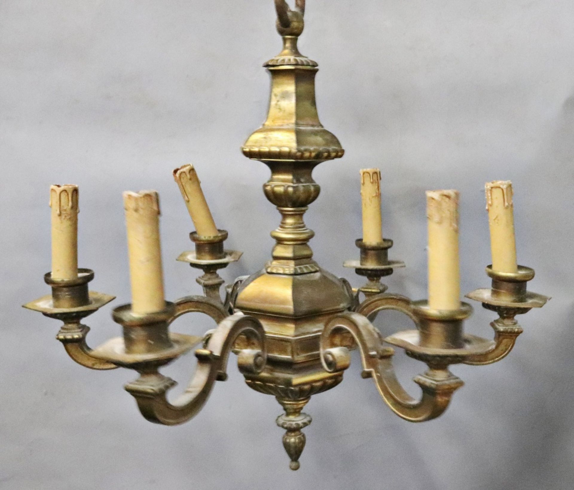 A gilt metal six light chandelier, in late 17th century style, early 20th century,