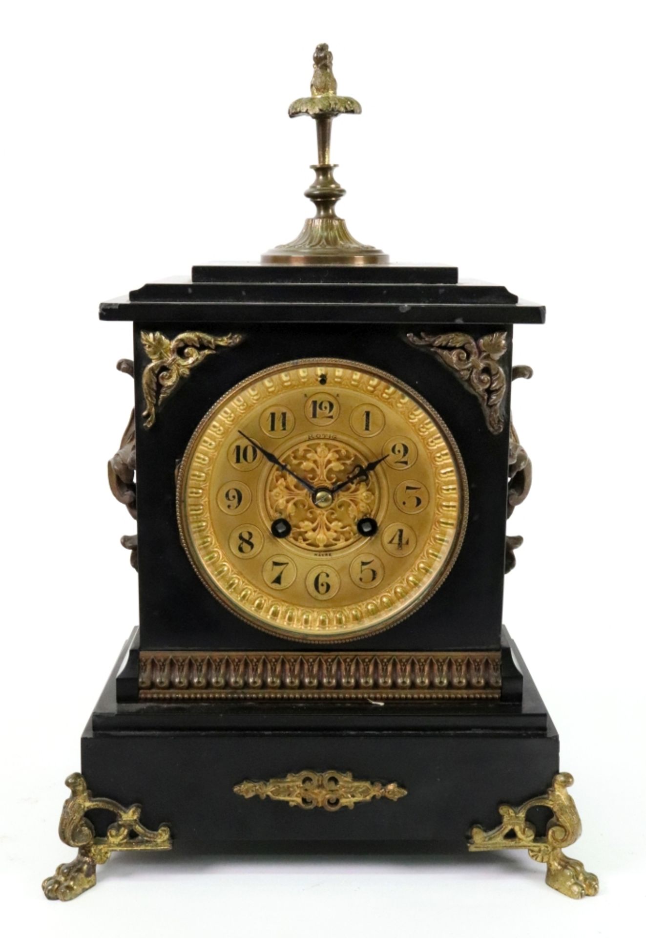 Rotig Havre; a French black marble gilt metal mounted mantel clock, late 19th century,