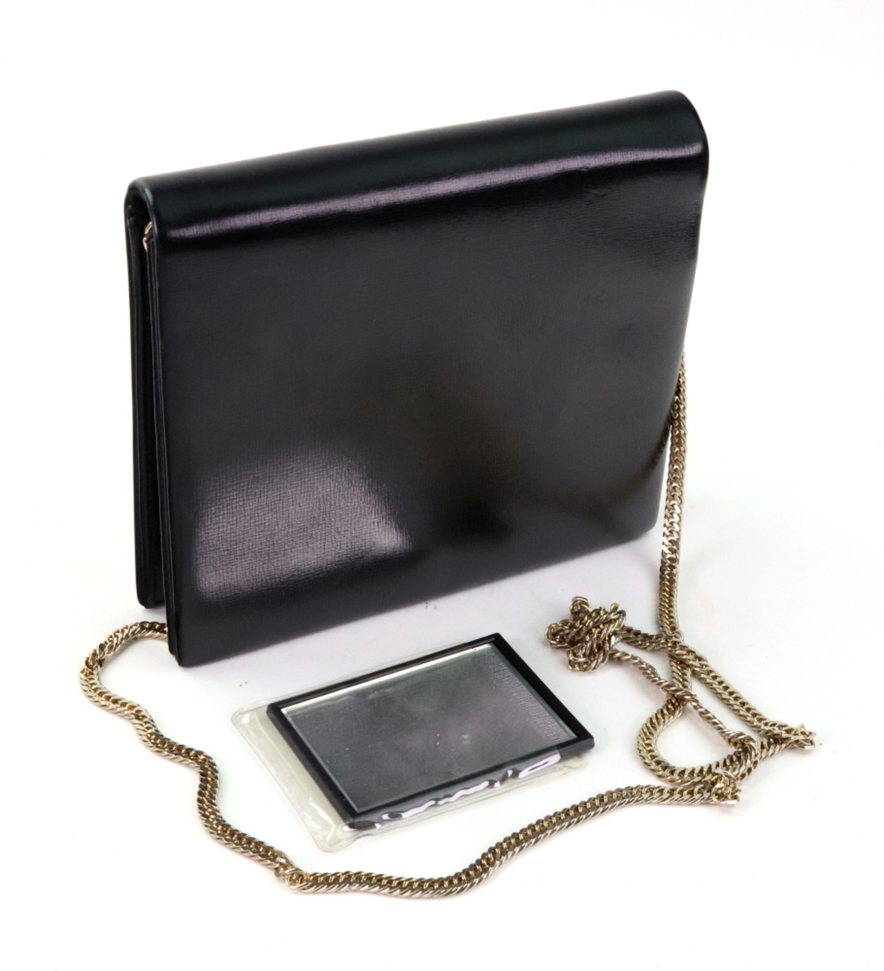 Launer, London; a black leather shoulder bag of square form, with gilt metal chain, - Image 7 of 11