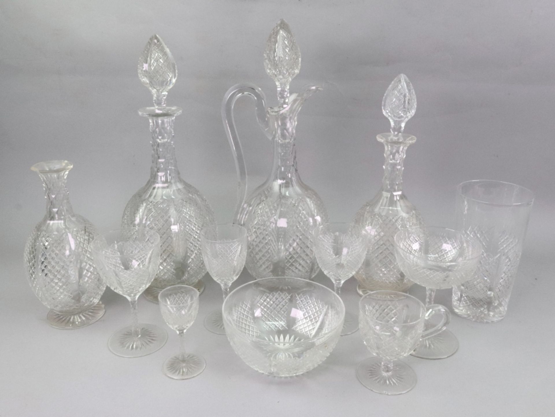 A part suite of diamond and split pattern cut glass, late 19th/early 20th century, 84 pieces,