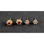 Two pairs of 18ct gold and gem set stud earrings, comprising; a pair of yellow gold,