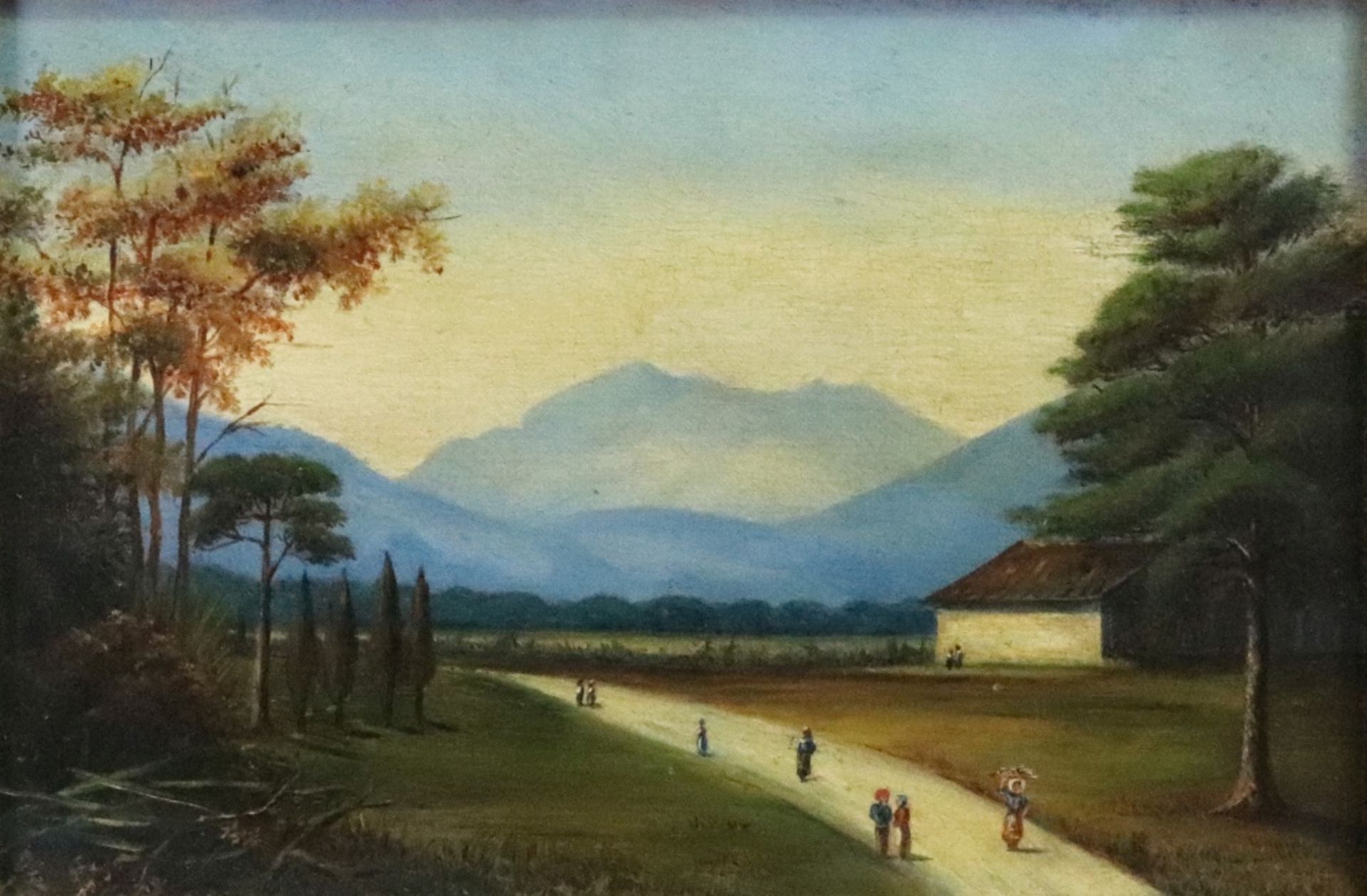 Indian School, 19th Century, Figures on a path with mountains beyond, oil on canvas, 21 x 31.5cm.