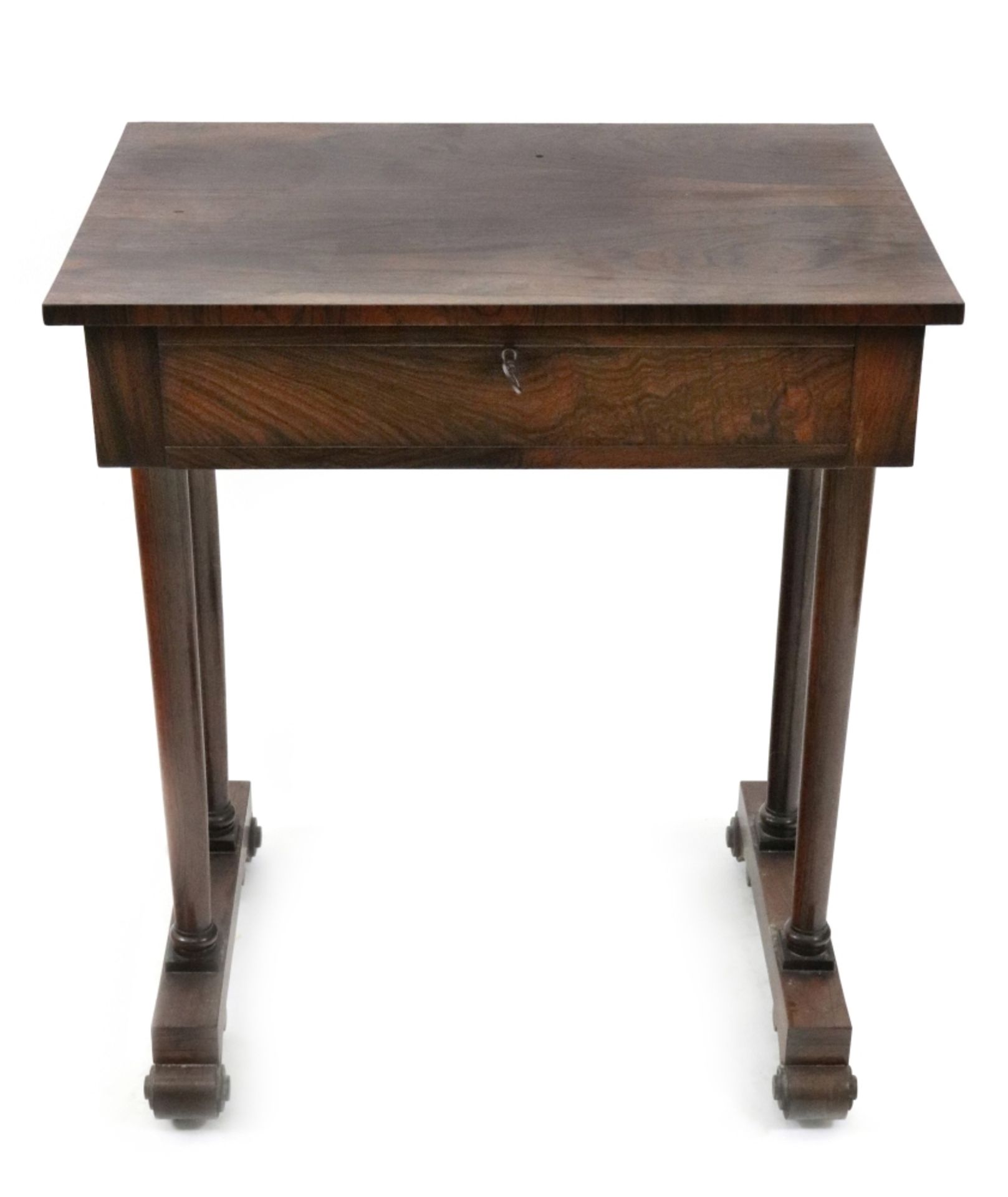 A William IV rosewood side table, the rectangular top above a frieze drawer,