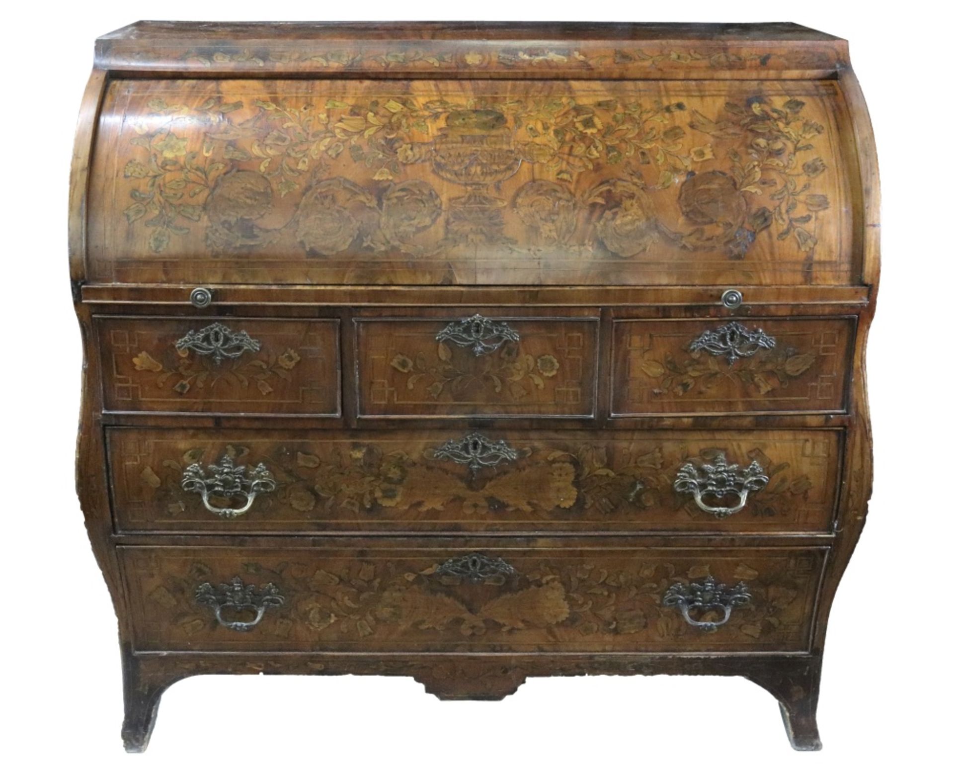A Dutch walnut floral and bird marquetry cylinder front bombe bureau, late 18th century, - Image 2 of 4