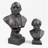 A Victorian black-painted cast iron male portrait bust, on a socle and square plinth base,