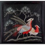 A long thread silk work and silver wire picture depicting two pheasants,