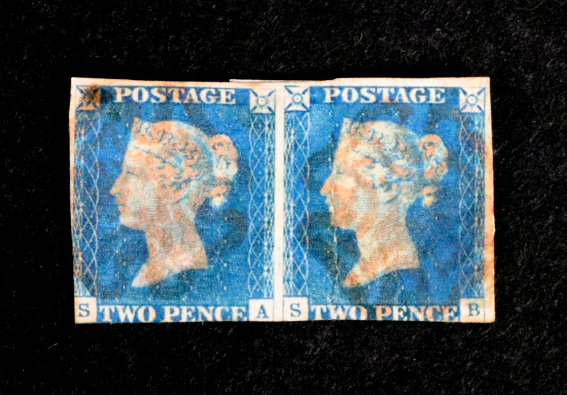 Great Britain; 1840 Queen Victoria 2d blue, pair, used, close margins left and bottom.