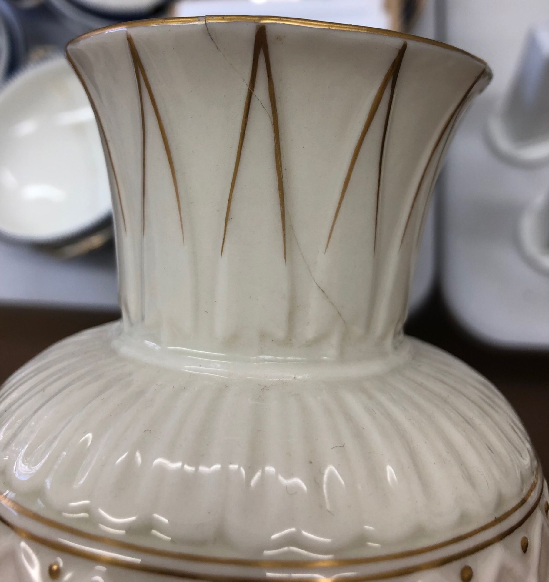 A Belleek cream glazed amphora, heightened with gilding, - Image 7 of 8