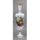 A Bohemian white opaline glass vase, circa 1870-80, gilt and painted with flowers, 48.5cm high.