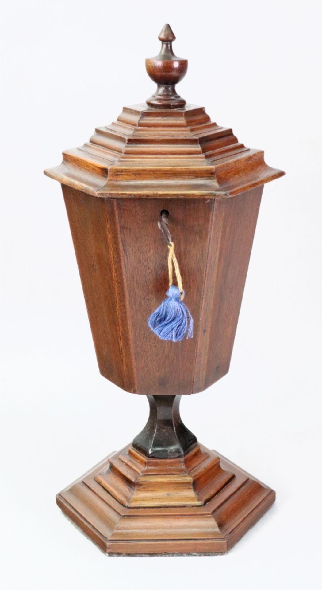 A George III style mahogany hexagonal tea caddy,