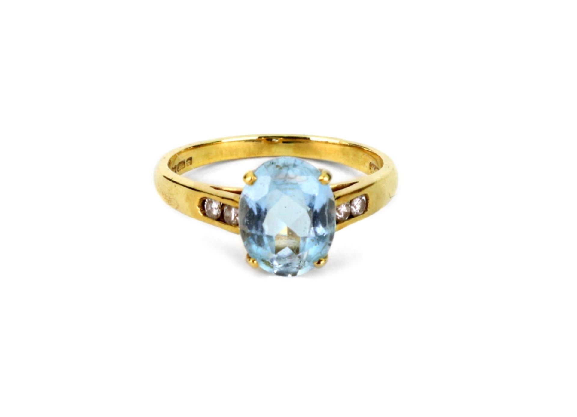 An 18ct gold and oval aquamarine single-stone ring with small two-stone diamond shoulders, size L, - Image 2 of 2