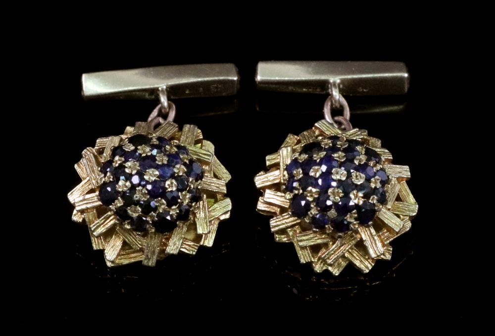 A pair of 9ct gold and sapphire cufflinks, London 1968, makers mark H.B.